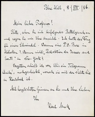 Muck, Karl, 1859-1940 autograph letter signed to Hugo Münsterberg, Blue Hill, Me., 8 July 1916