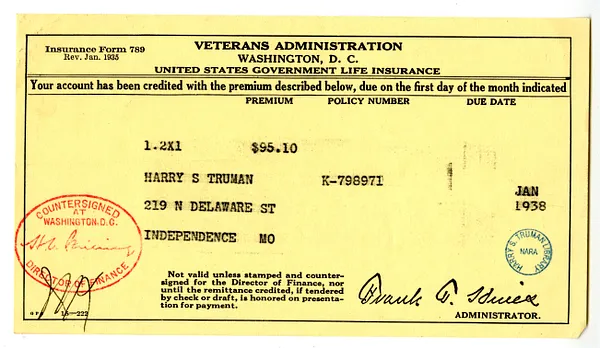 Insurance Premium Notice for Harry S. Truman, United States Veterans Administration