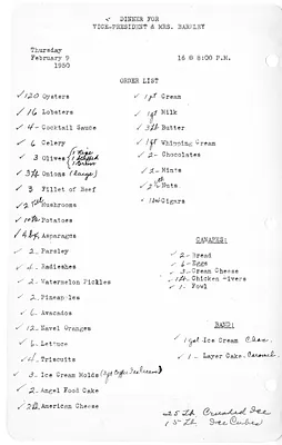 Shopping List for Dinner for Vice-President and Mrs. Barkley