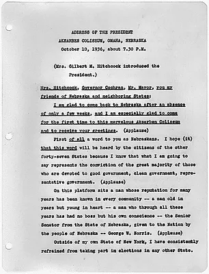 Franklin D. Roosevelt address at the Aksarben Coliseum in Omaha, Nebraska