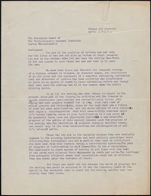 Abraham typed letter signed to Sacco-Vanzetti Defense Committee, Boston, Mass., April 11, 1927