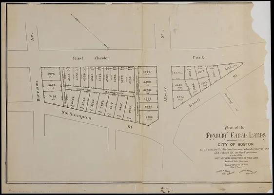 Plan of the Roxbury Canal lands belonging to the city of Boston to be sold by public auction on Saturday May 19th 1883 at 3 o'clock p.m. on the premises