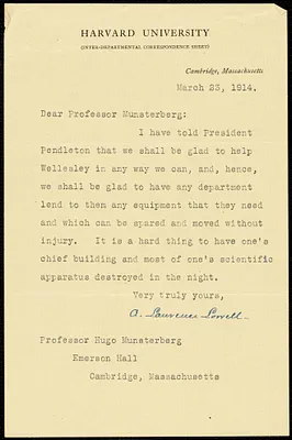 Lowell, A. Lawrence (Abbott Lawrence), 1856-1943 typed note signed to Hugo Münsterberg, Cambridge, Mass., 23 March 1914
