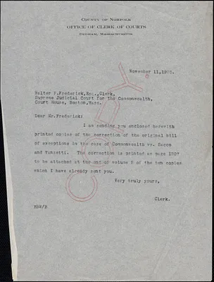 Letter from Robert B. Worthington, Clerk of Courts (Norfolk County) to Walter F. Frederick, Clerk of Courts (Supreme Judicial Court)