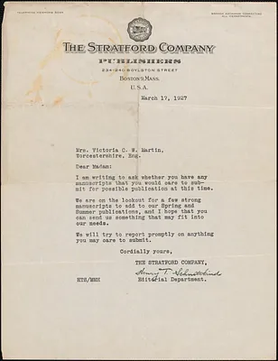 Henry T. Schmittkind (The Stratford Company) typed letter signed to Victoria [Woodhull] Martin, Boston, March 17, 1927