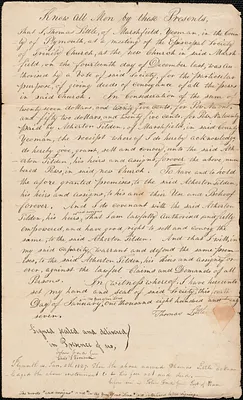 Deed of pew conveyance for pew owner Atherton Tilden, yeoman of Marshfield