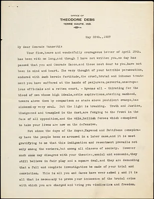Theodore Debs typed letter signed to Bartolomeo Vanzetti, Terra Haute, Ind., 28 May 1927
