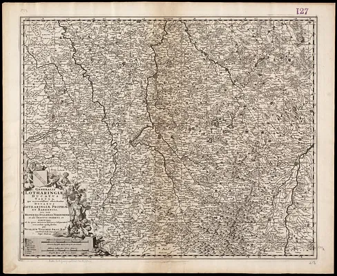 Generalis Lotharingiae Ducatus Tabula, qua accuratissime oftenduntur Ducatus Lotharingiae Propriae et Barrensis nec non Metensis, Tullensis, Verdunensis, et alii Tractus Inserti et Finitimi, et in quas minores Ditiones subjacentes eorundem quisq divisus