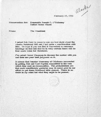 Memorandum from President Harry S. Truman to Senator Joseph C. O'Mahoney