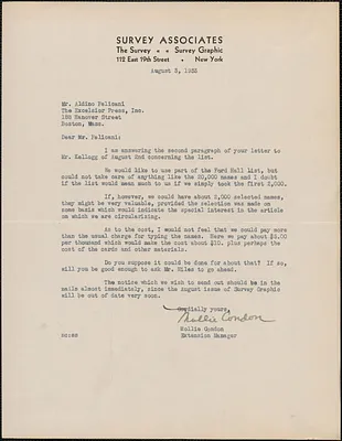 Mollie Condon (Survey Associates) typed letter signed to Aldino Felicani, New York, N. Y., August 3, 1933