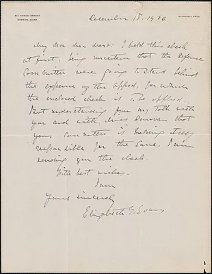 Elizabeth G[lendower] Evans autograph letter signed to [Joseph] Moro, Boston, Mass., December 18, 1926