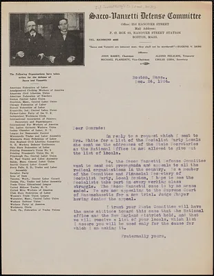 Sacco-Vanzetti Defense Committee typed letter (circluar) to State secretaries of Socialist Party, Boston, Mass., December 24, 1924