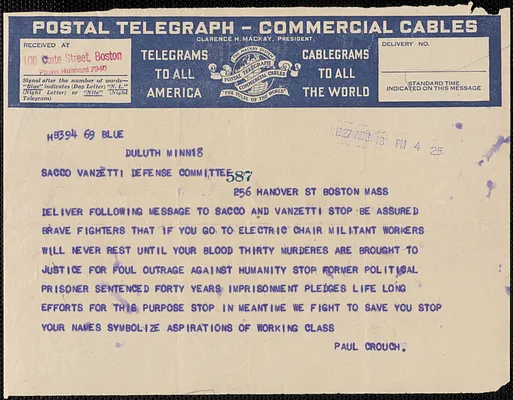 Paul Crouch telegram to Sacco-Vanzetti Defense Committee, Duluth, Minn., August 18, 1927