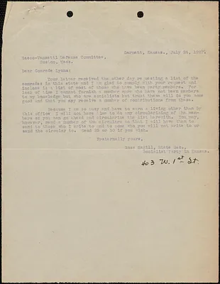 Ross Magill (Socialist Party of Kansas) typed letter to Eugene Lyons, Sacco-Vanzetti Defense Committee, Garnett, Kans., July 24, 1922