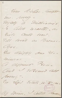 Emily Dickinson, Amherst, Mass., autograph manuscript poem: Your riches taught me poverty, 1862