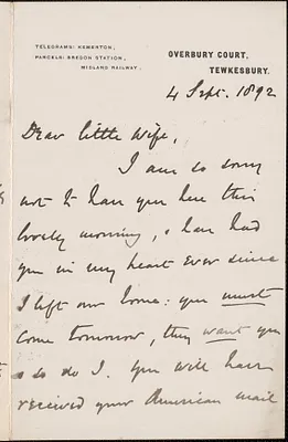 [John Biddulph Martin] autograph note to [Victoria Woodhull Martin], Tewkesbury, [England], September 4, 1892