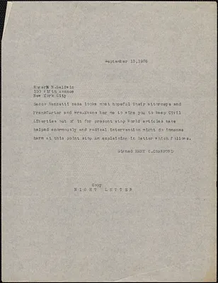 Mary C. Crawford telegram (copy) to Roger N. Baldwin, [Boston, Mass.], September 13, 1926