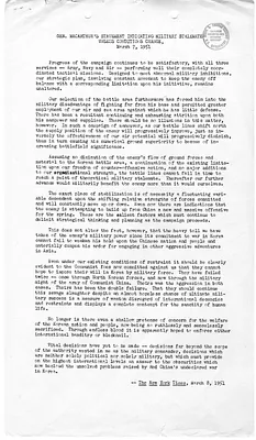 Copy of New York Times Newspaper Article, "General MacArthur's Statement Indicating Military Stalemate Unless Conditions Change," with Attachment