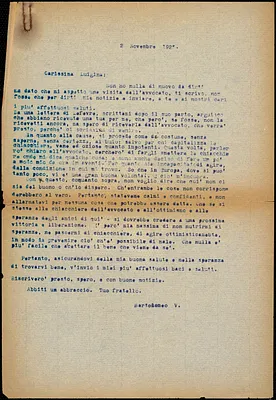 Bartolomeo Vanzetti typed letter (copy) to Luigia Vanzetti, [Charlestown], 2 November 1925