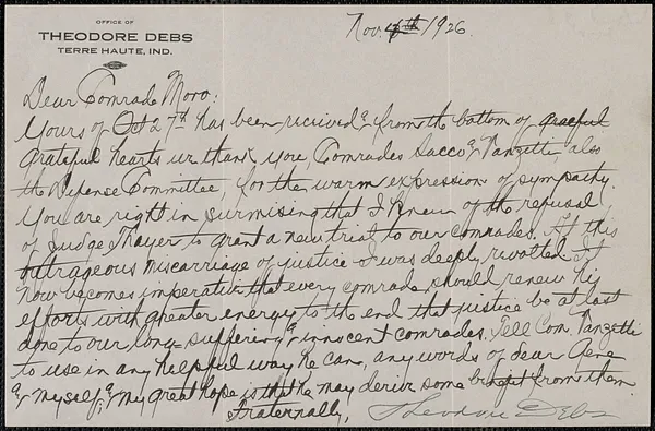 Theodore Debs autograph letter signed to Joseph Moro, Terra Haute, Ind., November 4, 1926
