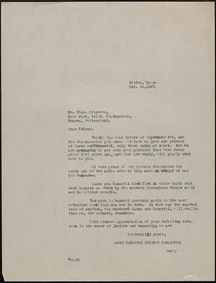 Mary Donovan (Sacco-Vanzetti Defense Committee) typed letter (copy) to Charles Frigerio, Boston, Mass., October 14, 1927