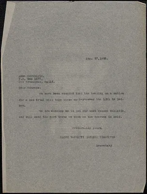 Sacco-Vanzetti Defense Committee typed note (copy) to Anna Cornblath (Sacco-Vanzetti United Labor Conference, San Francisco), Boston, Mass., August 27, 1926