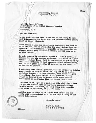Letter from Edgar Hinde to Harry S. Truman
