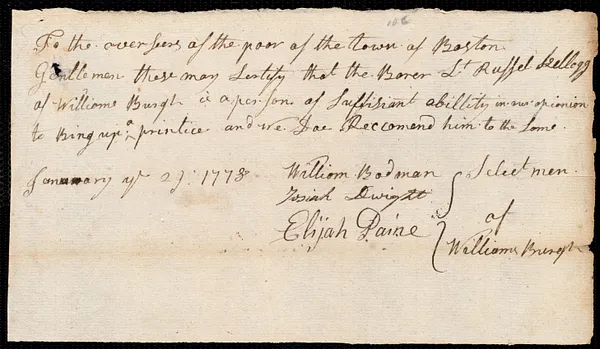 Samuel Delarue indentured to apprentice with Russell Kellogg of Williamsburg, 6 May 1778