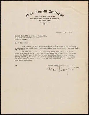 Ada Rosenfelt (Sacco Vanzetti Conference of Philadelphia) typed note signed to Sacco-Vanzetti Defense Committee, Philadelphia, Pa., August 1, 1927