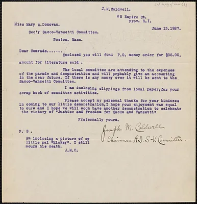Joseph Coldwell (Sacco-Vanzetti Defense Committee, Rhode Island) typed letter signed to Mary Donovan, Providence, Rhode Island, Jaune 13, 1927