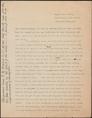 Elsie Hillsmith typed letter signed to Childie, South Danbury, N. H., September 24, 1927