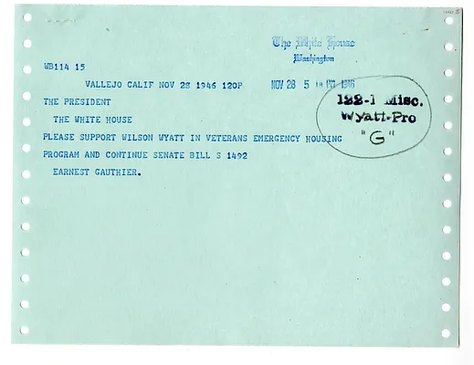 Telegram from Earnest Gauthier to President Harry S. Truman