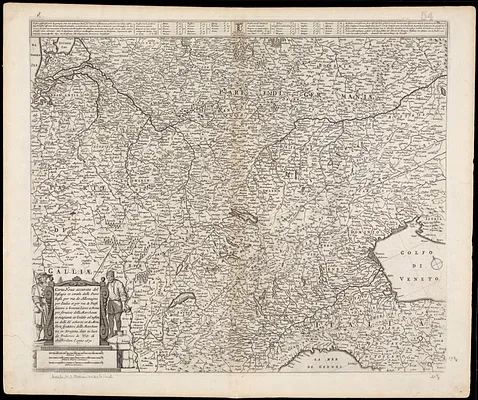 Carta noua accurata del passagio et strada dalli Paesi Bassi per via de Allemagna per Italia et per via di Paesi Suizeri à Geneua, Lione et Roma per seruizio delli marchanti et viagianti in gen[er]ale ad instanza delli Ss. Scherer et di Momforti speditori delli marchantie in Bregens