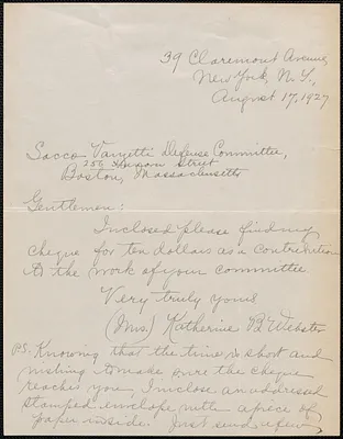 Katherine B. Webster autograph note signed to Sacco-Vanzetti Defense Committee, New York, N.Y., August 17, 1927