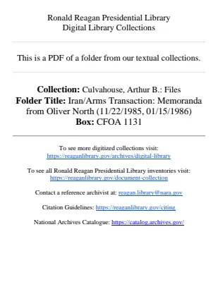 Iran/Arms Transaction: Memoranda from Oliver North (11/22/1985, 01/15/1986)