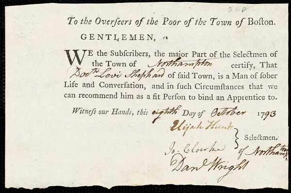 Elizabeth Bennet indentured to apprentice with Levi Shephard of Northampton, 4 October 1793