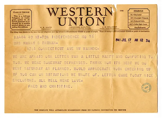 Telegram from Fred and Christine Wallace to Bess W. Truman
