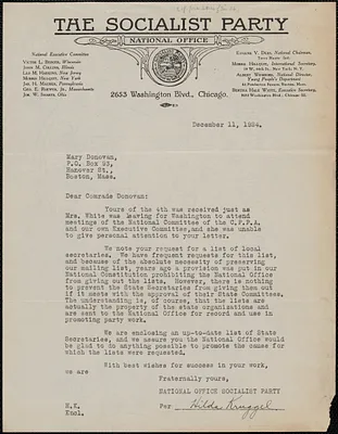 Hilda Kruggel (Socialist Party, National Office) typed letter signed to Mary Donovan, Chicago, Ill., December 11, 1924