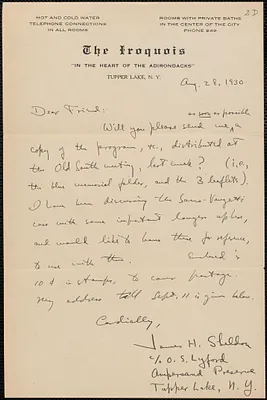 James H. Sheldon autograph letter signed to Sacco-Vanzetti Defense Committee, Tupper Lake, N. Y., August 28, 1930