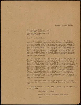 Sacco-Vanzetti Defense Committee typed letter (copy) to Anthony Eudico (Pres., Lithuanian Citizen Club), Boston, Mass., January 30, 1924