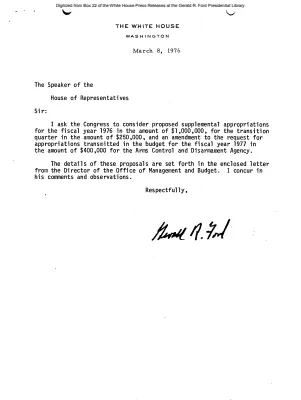 President's Letter to the Speaker of the House, and Letter of James T. Lynn, Director, Office of Management and Budget, to the President, asking consideration of supplemental appropriations for the Arms Control and Disarmament Agency