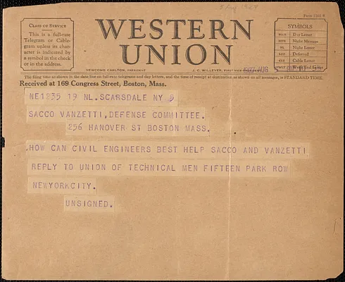 Telegram to Sacco-Vanzetti Defense Committee, Scarsdale, N.Y., August 5, 1927
