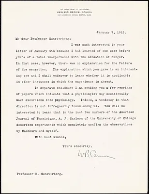 Cannon, Walter Bradford, 1871-1945 typed letter signed to Hugo Münsterberg, Boston, 07 January 1913