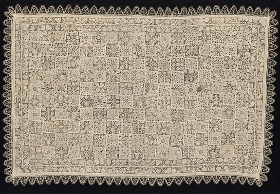 Cloth with One Figure of a Woman Carrying a Cross Surrounded by Floral and Vegetal Patterns