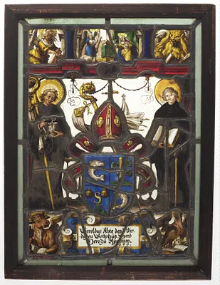 Two saints supporting coat-of-arms