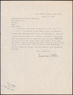 Edward S. Allen typed letter signed to Sacco-Vanzetti Defense Committee, Ames, Iowa, April 21, 1927