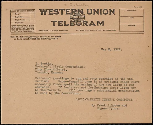 Frank R. Lopez and Eugene Lyons (Sacco-Vanzetti Defense Committee) telegram (copy) to I. Baskin (Workmen's Circle Convention), Boston, Mass., May 3, 1922