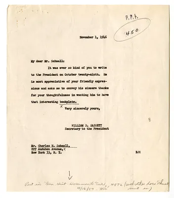Letter from Charles Schmall to President Harry S. Truman with Related Material and a Reply from William D. Hassett