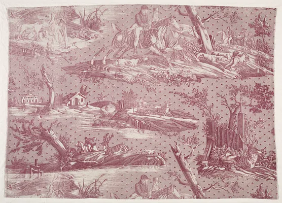 Fragment of Copperplate Printed Cotton with Hunting Scene Design