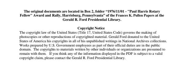 1976/11/01 - "Paul Harris Rotary Fellow" Award and Rally, Harrisburg, Pennsylvania